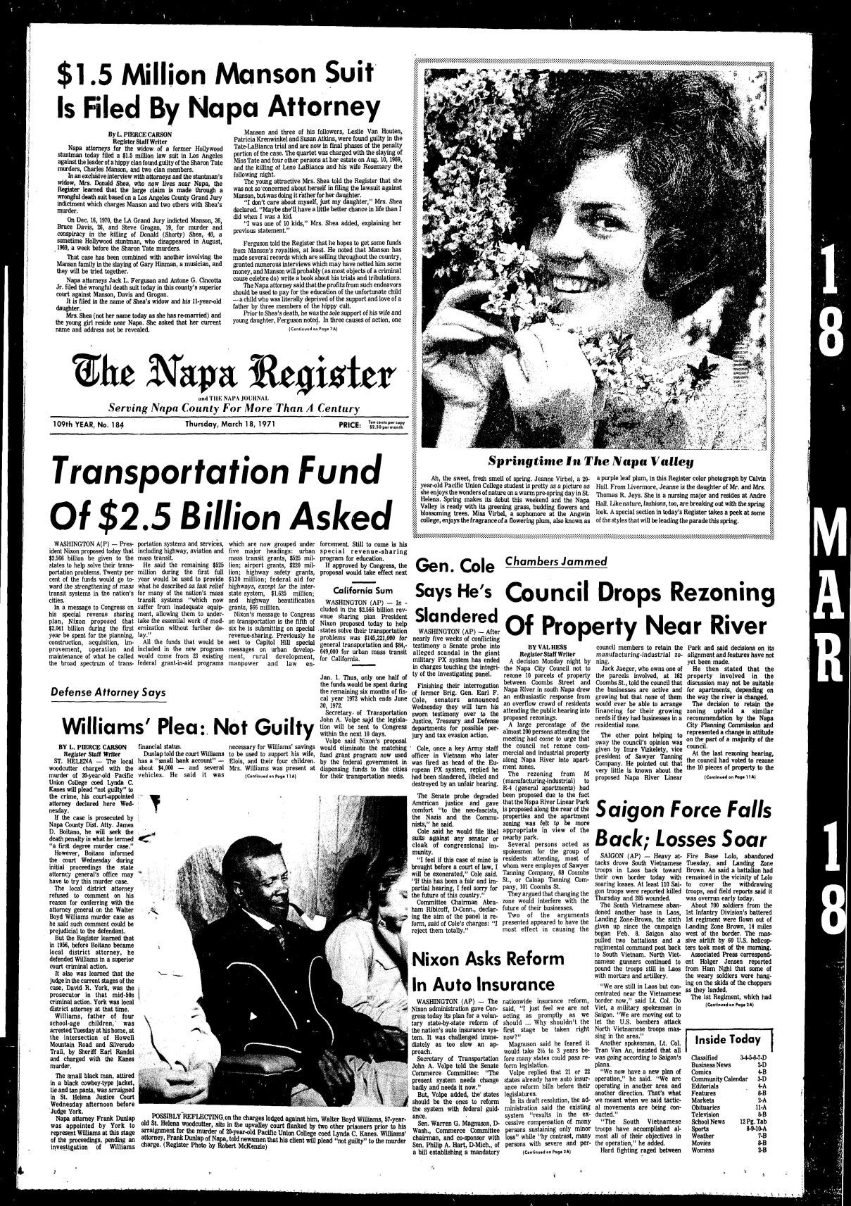 Willie the Woodcutter murder and Napa Register coverage: 03/18/71 page 1A